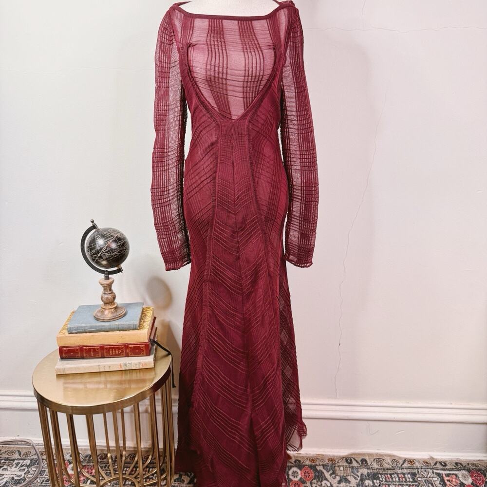 Roland Mouret Roka Checked Pleat Garnet Mesh Maxi Dress US 2 UK 6 NWT